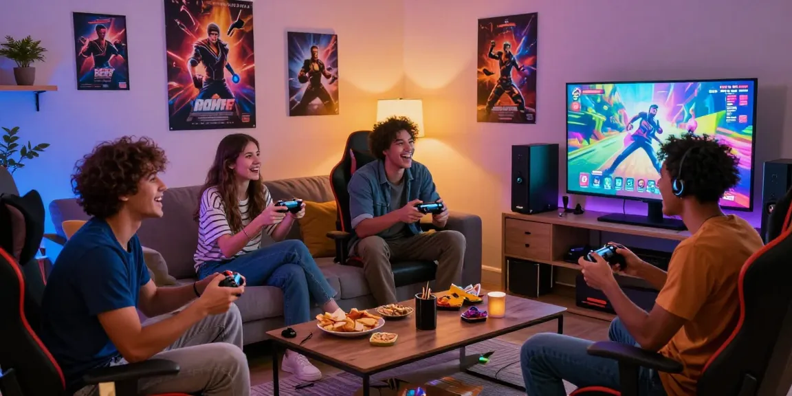 Exciting scene of friends playing Adult Games Dirty together in a cozy gaming setup, filled with snacks and vibrant decor.
