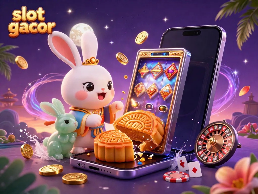 Menangkan slot gacor dengan ilustrasi dadu dan koin berkilau di ruang permainan yang penuh warna