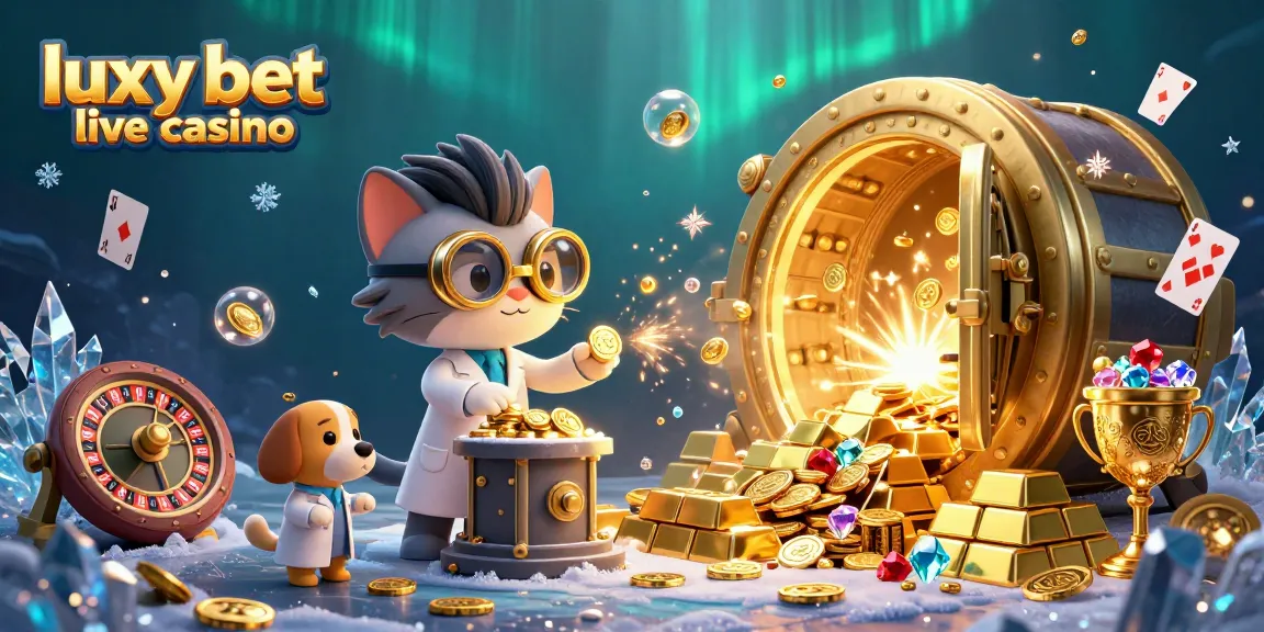 Experience the excitement of luxy bet live casino with a vibrant scene featuring a mad scientist cat and treasures.