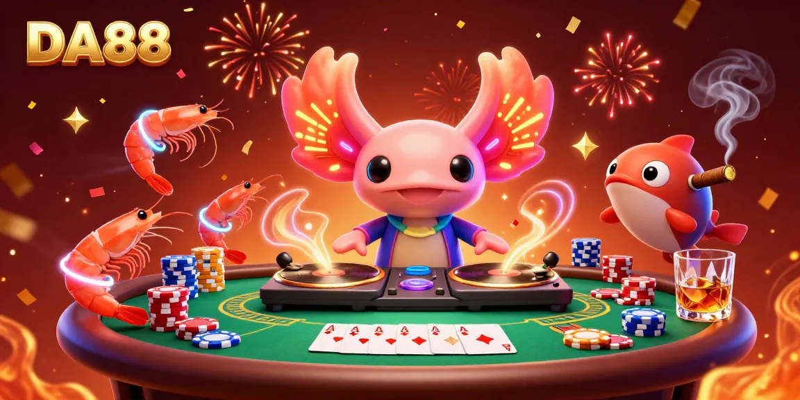 Experience vibrant action at DA88, where a DJ axolotl and shrimp crew celebrate poker victories.