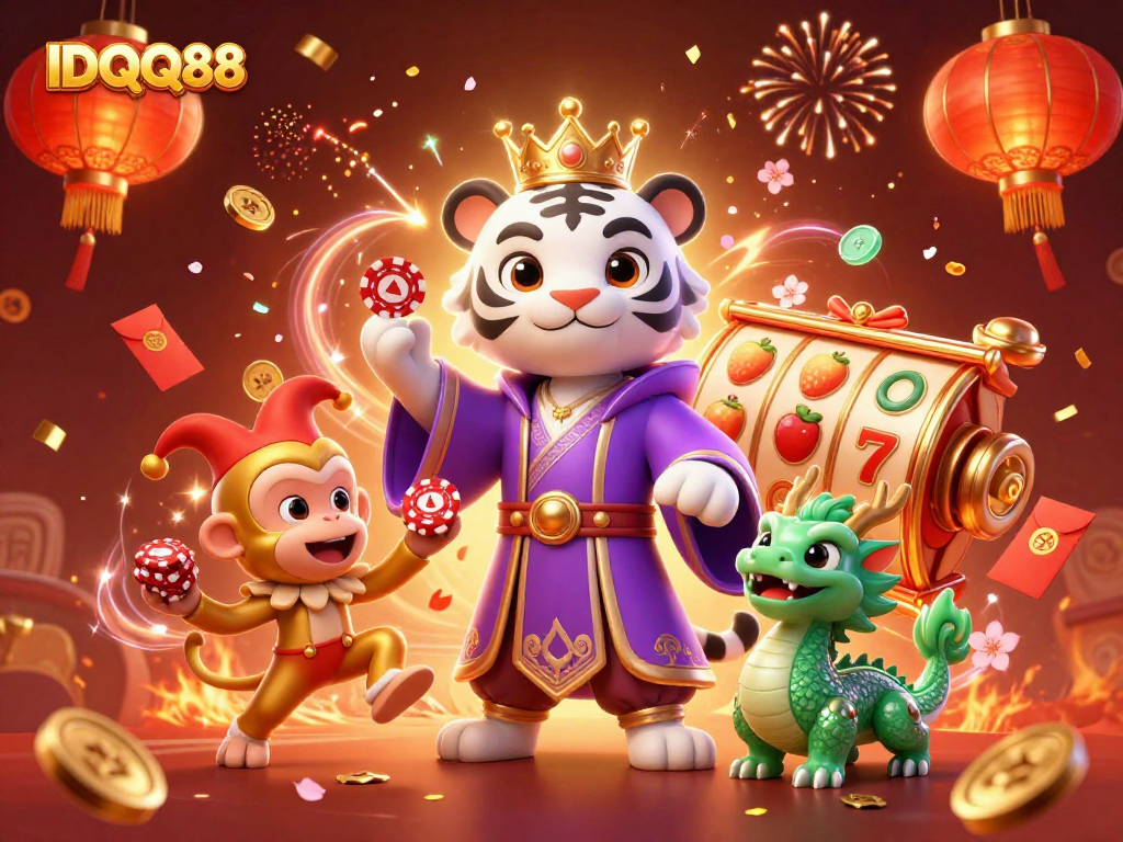 Experience thrilling gameplay with IDQQ88 as a royal tiger, jester monkey, and jade dragon celebrate big wins.