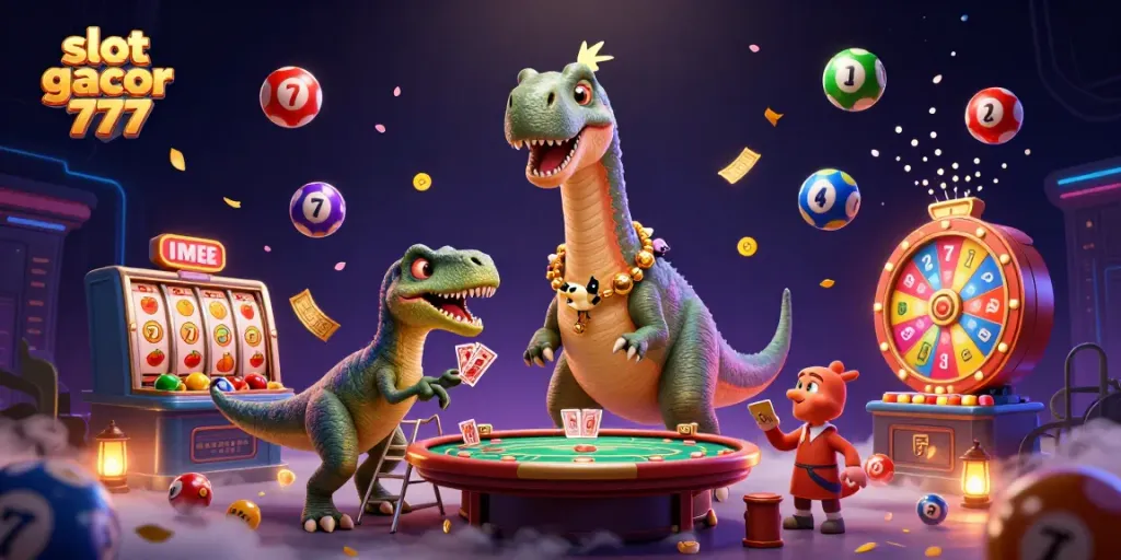 Experience the excitement of slot gacor 777 with a fun 3D scene featuring a giant brontosaurus in a vibrant casino.