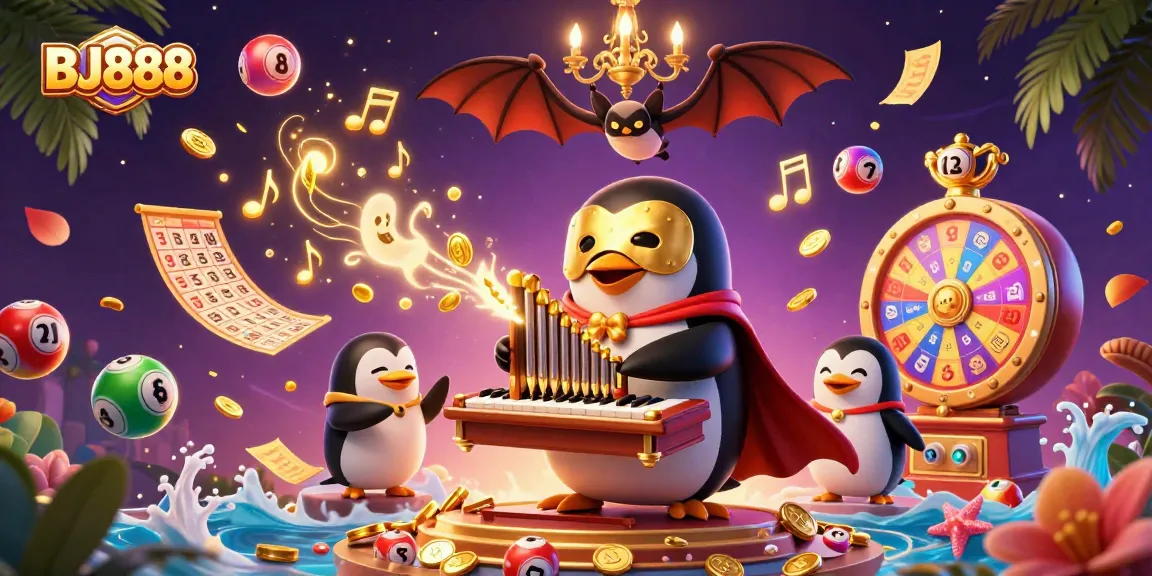 BJ888 captivates with a vibrant casino scene featuring a penguin and acrobat amidst animated lottery elements.