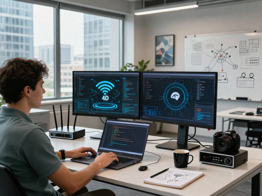 Gambar suasana ruang kerja teknologi dengan detail wifi 4d yang ditampilkan di layar komputer.