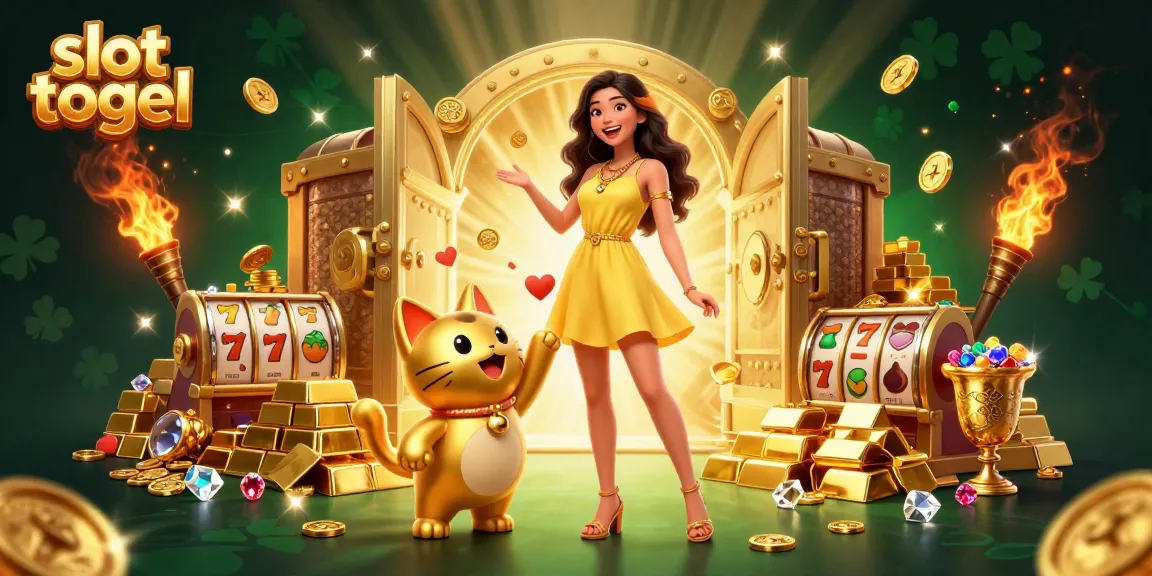 Win big with slot togel in a vibrant 3D casino scene featuring lucky symbols and treasures.
