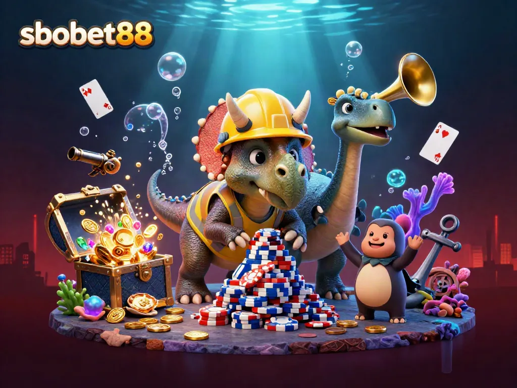 Experience sbobet88 with a vibrant scene of a triceratops and friends celebrating in a colorful casino world.