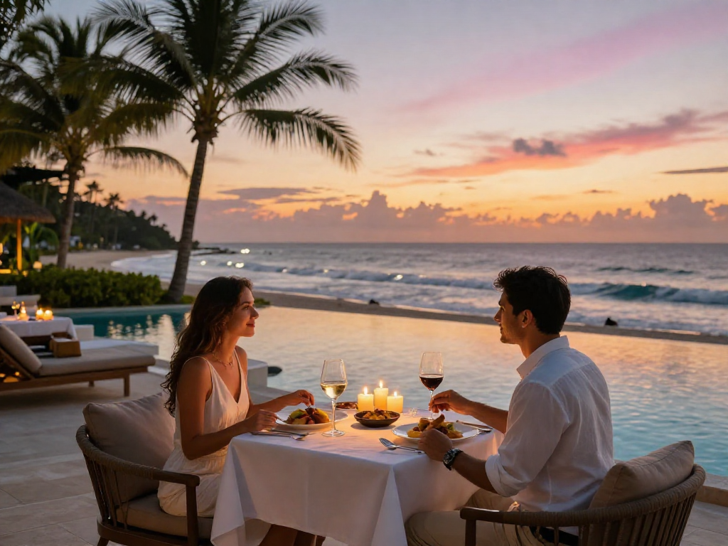Makan malam romantis di resor mewah beachfront dengan pemandangan LUXURY 111 saat matahari terbenam.