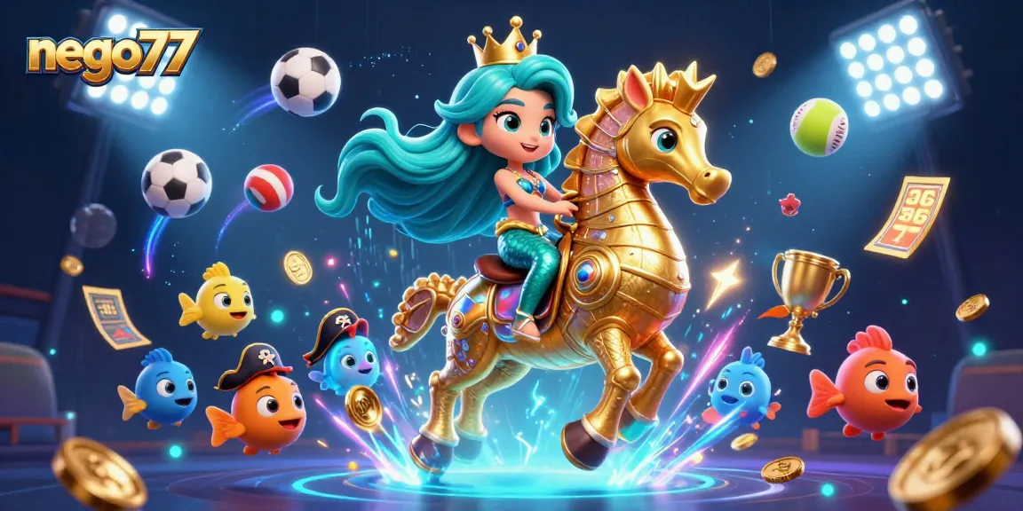 Bet on exciting games at nego77 with a vibrant underwater scene including a mermaid princess!