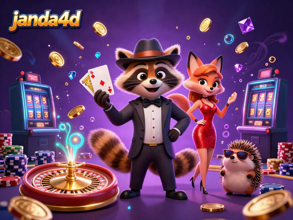 Janda4d menghadirkan suasana kasino dengan karakter kartun menang tangan royal flush.