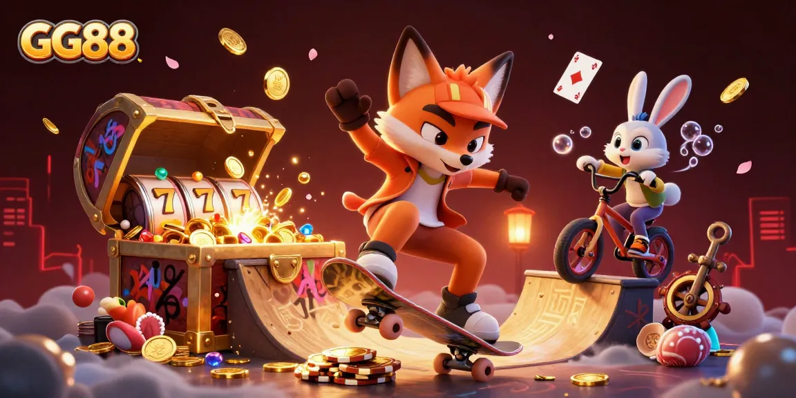 GG88 reveals an exciting online casino illustration featuring a fox skateboarder and a BMX rabbit surrounded by casino themes.