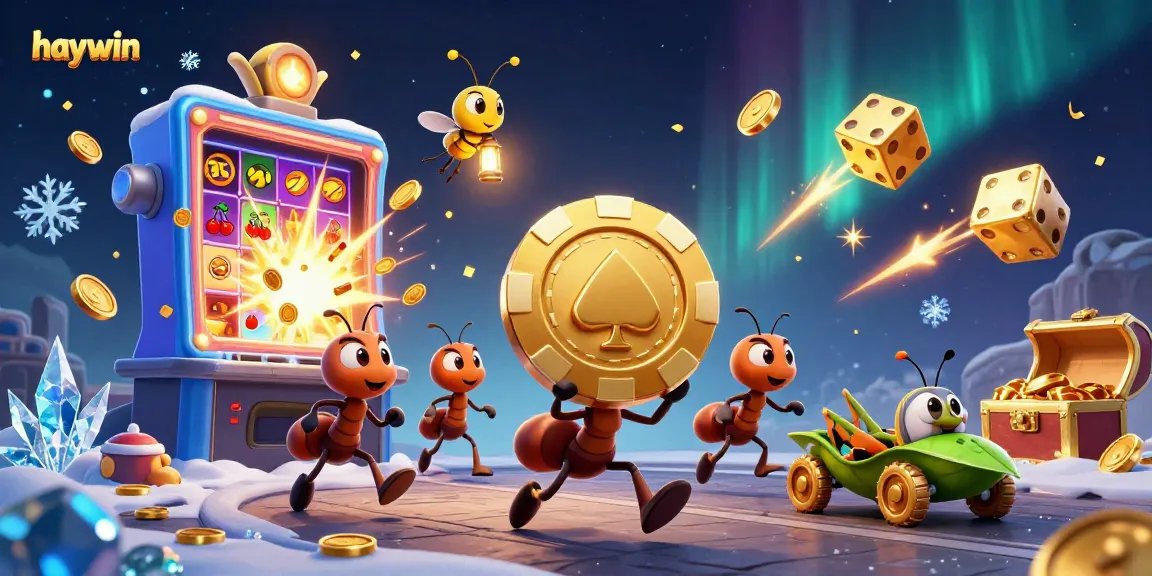Win big with haywin while ants heist a golden poker chip in a vibrant casino scene.