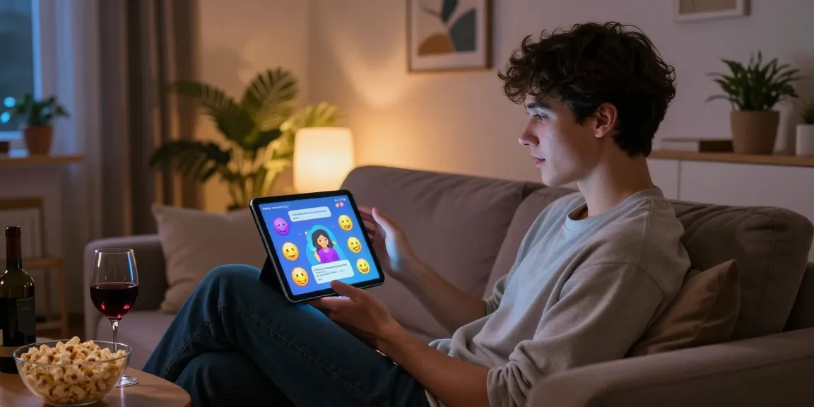Engaging NSFW AI chat with a virtual character on a tablet in a cozy setting.