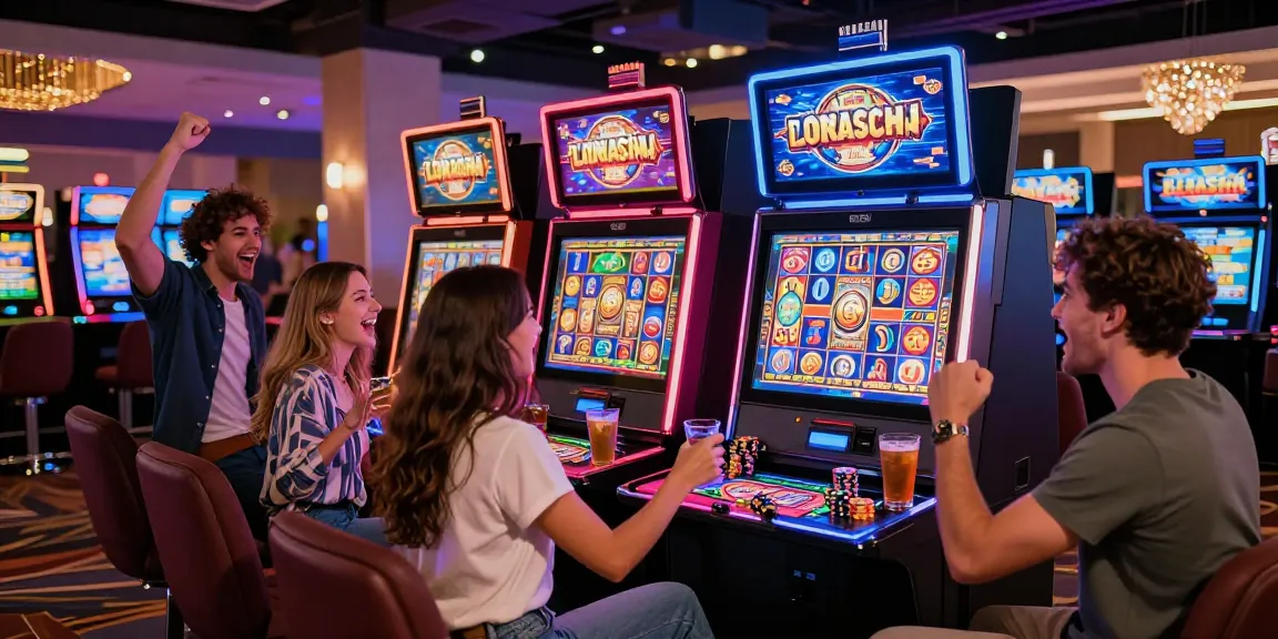 Excited friends playing bandar slot resmi at a vibrant casino, colorful lights enhancing the lively atmosphere.