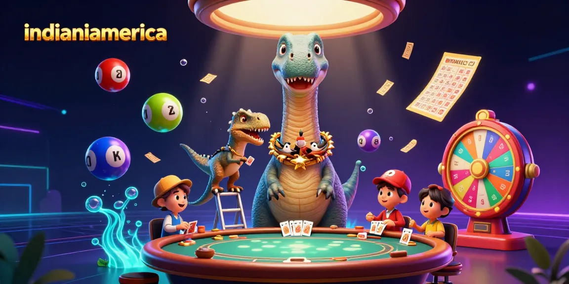 Engage with indianiamerica's vibrant animated casino scene featuring a towering brontosaurus and exciting game elements.