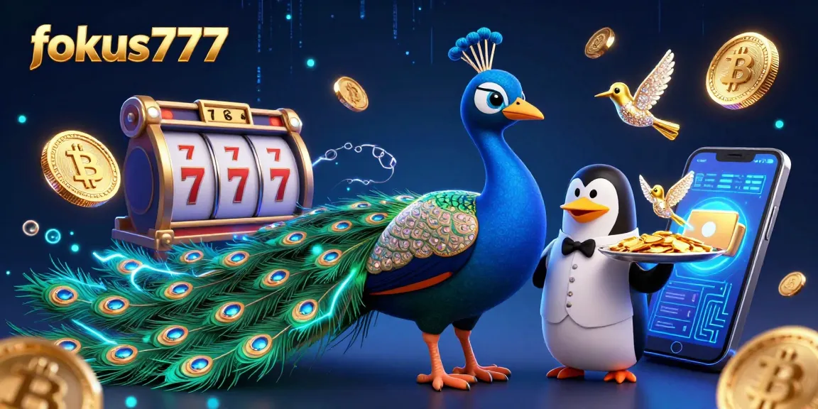 Experience the vibrant gaming world of fokus777 with animated peacock, butler penguin, and golden hummingbird.