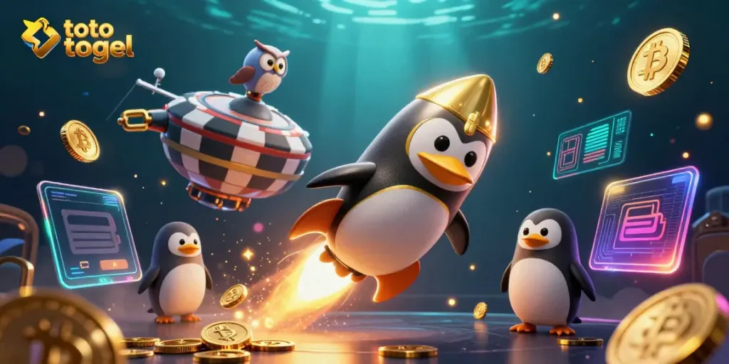 Experience the thrill of toto togel online with a cartoon penguin and glowing crypto elements in this vibrant casino scene.