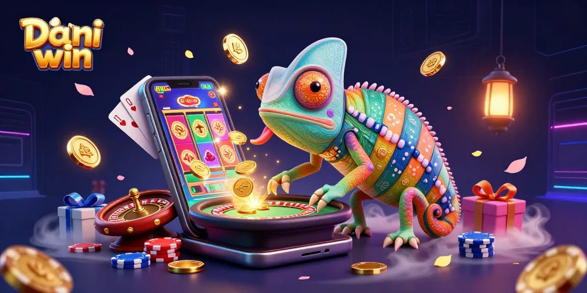 Dhani win - Play vibrant slot games with the colorful chameleon casino owner amidst golden coins and dynamic gaming elements.