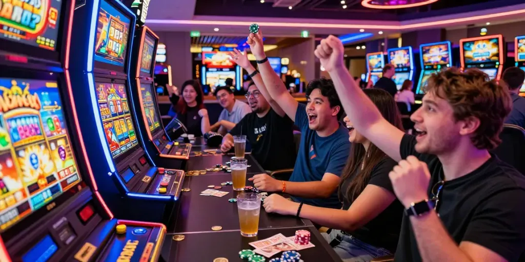 Players enjoying vibrant slot machines, showcasing excitement and luck.