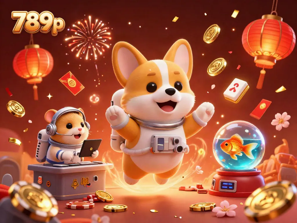 The astronaut corgi in a space station casino plays poker, surrounded by 789p-themed gaming elements, confetti, and festive detailing.