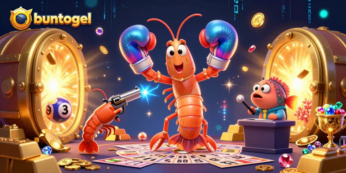 Buntogel players enjoy exciting lottery action amidst sparkling gems and wealth in a vibrant illustration.