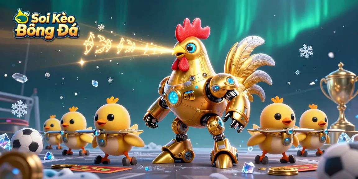 Soi Kèo Bóng Đá sports betting illustration showcasing golden rooster robot with betting elements.