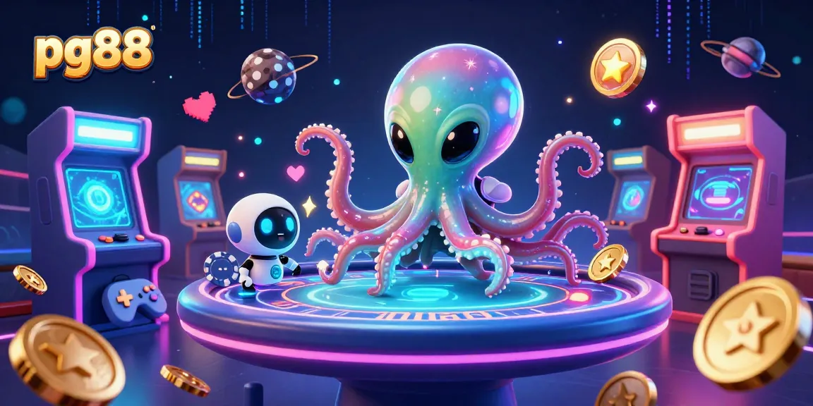 Engage with pg88's alien octopus at a triumphant poker table surrounded by vibrant casino elements.