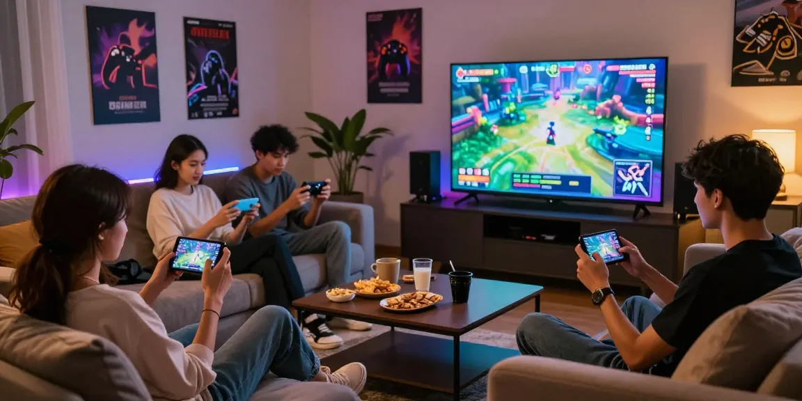 Group enjoying h555-game on mobile devices in inviting living room setting
