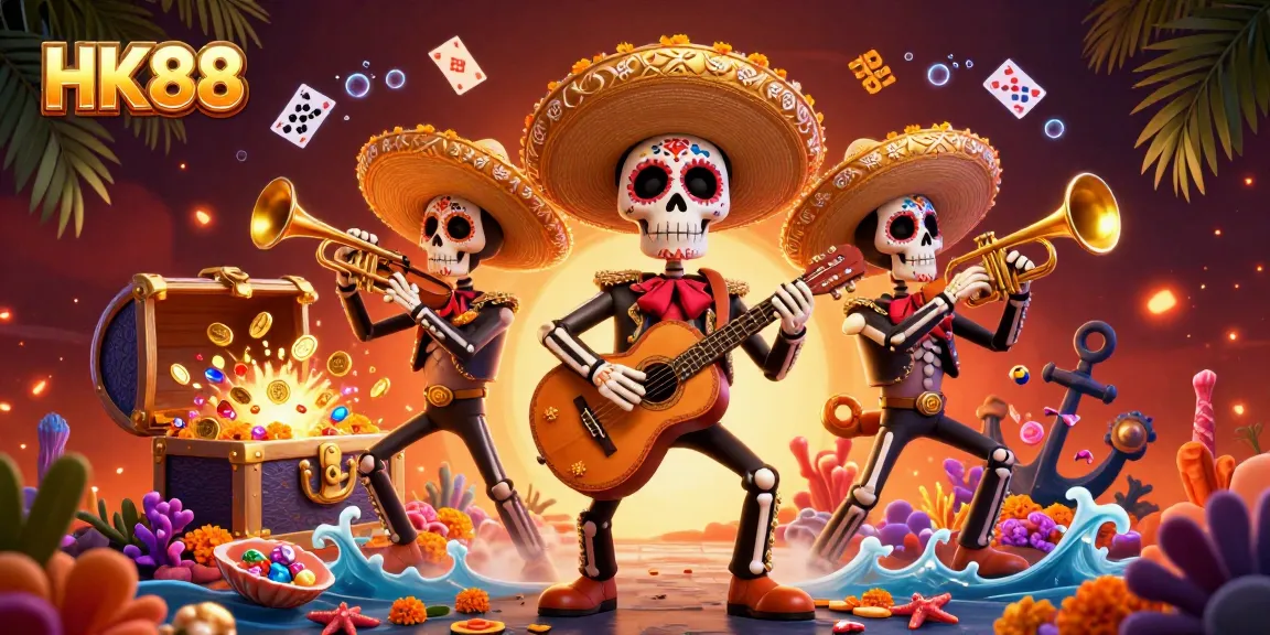 Engage in thrilling gaming at HK88 with vibrant skeleton mariachi band amidst treasure and casino elements.