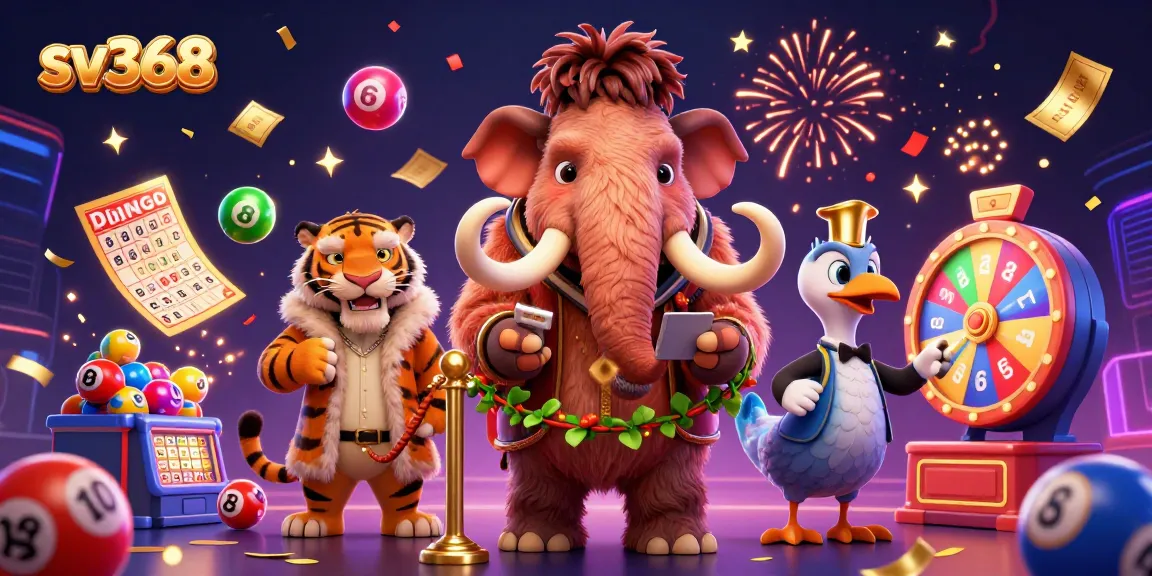 Experience thrilling gameplay at sv368 with a woolly mammoth checking IDs, surrounded by colorful lottery elements.