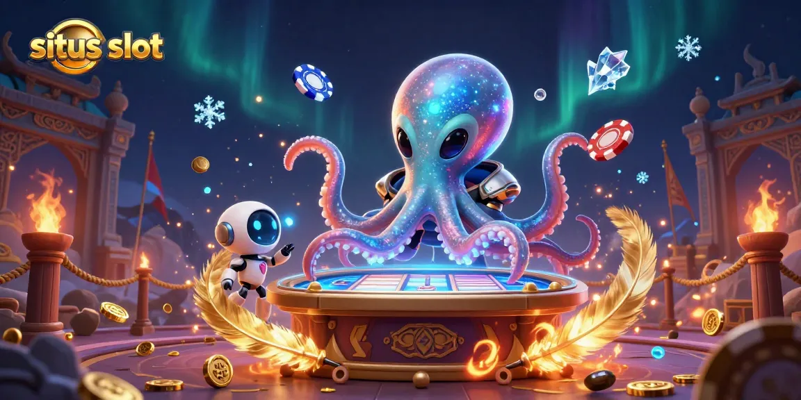 Situs slot menampilkan karakter gurita alien dengan meja slot holografik dan robot kecil di latar belakang yang dinamis.