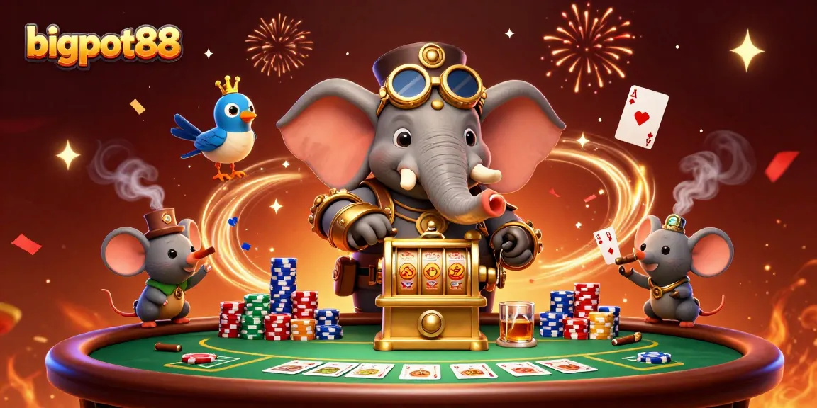Experience bigpot88's thrilling slots with a steampunk elephant and exciting gameplay visuals.