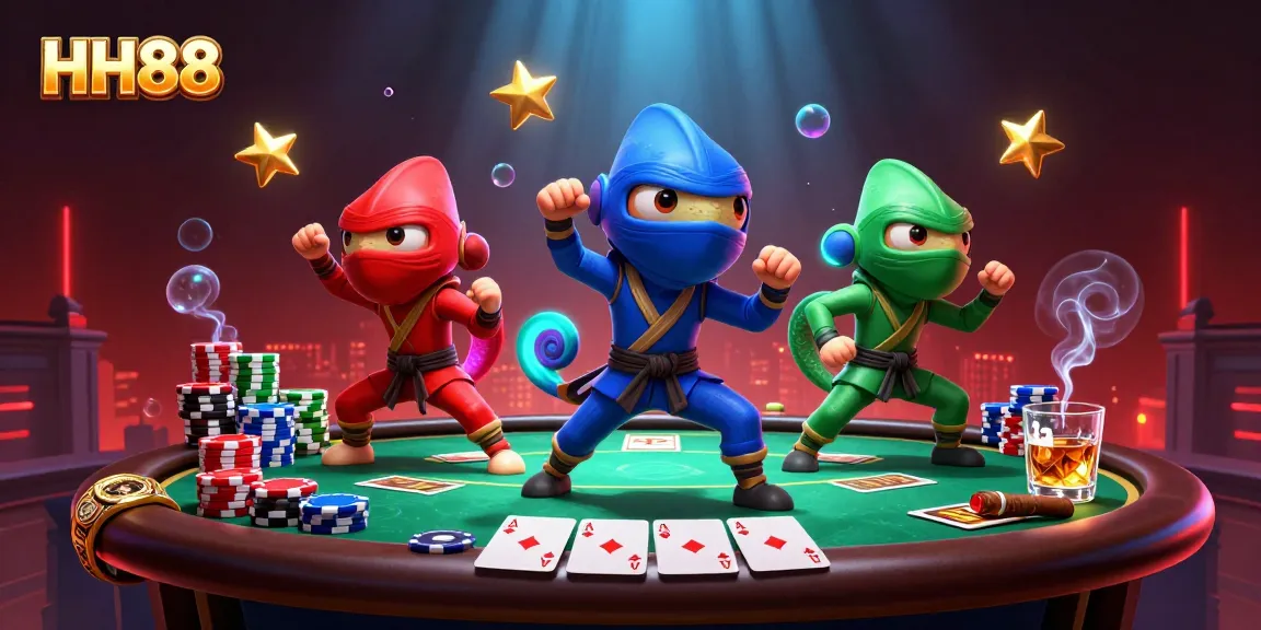 Experience high-stakes gameplay with HH88's vibrant poker scene featuring ninja chameleons.