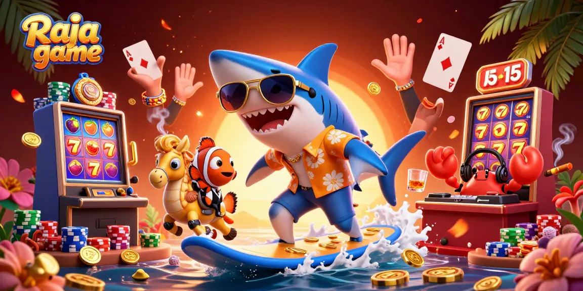Experience the Raja game with a vibrant scene featuring a shark surfing on coins and slot elements.