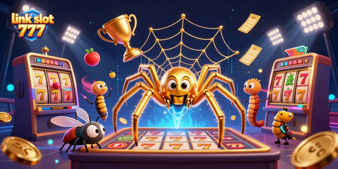 Spin into excitement with link slot 777, featuring a dynamic slot scene with golden spider and fruit symbols.