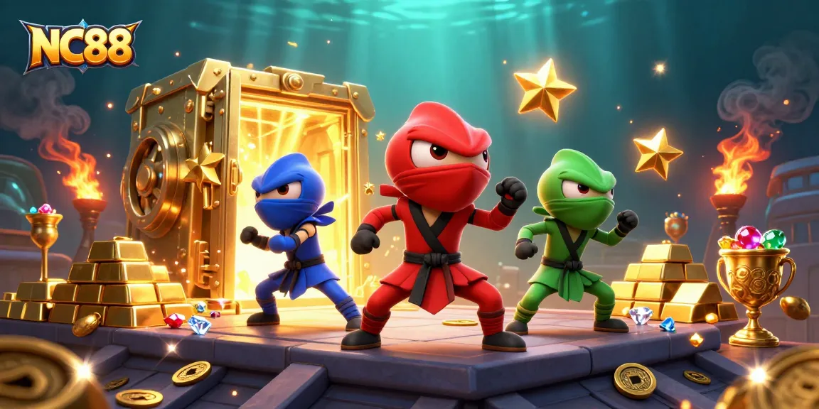 Engage with NC88's thrilling gambling experience as chameleon ninjas celebrate wins and treasure.