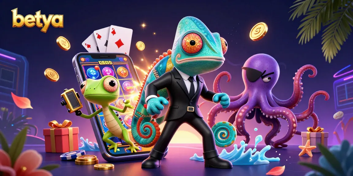 Betya's energetic gaming scene featuring a secret agent chameleon, tech-gecko, and octopus around vibrant casino elements.