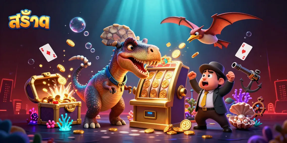 Slot jackpot dengan karakter dinosaurus dan manajer kasino di bawah laut, menarik perhatian pemain.