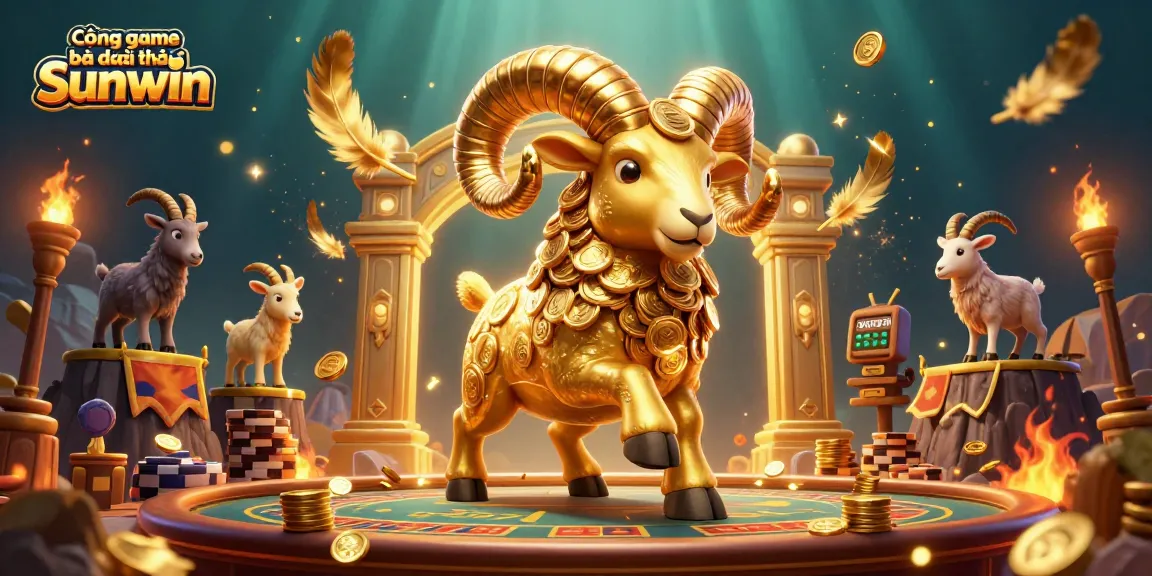 Cổng game bài đổi thưởng Sunwin transforms gaming with a dynamic 3D illustration featuring a golden ram and casino elements.