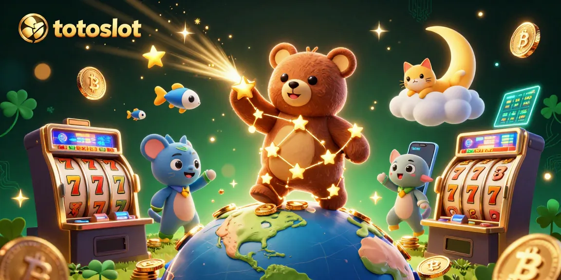 TOTOSLOT offers thrilling slot gameplay with dazzling coins and fun characters amid starry night.