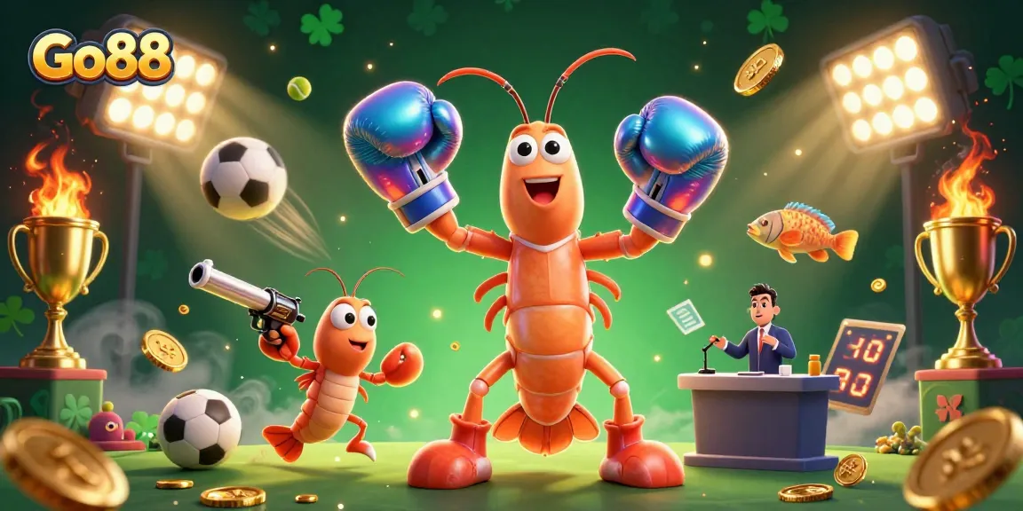 Engage with Go88’s exhilarating gaming experience featuring dynamic shrimp characters and vibrant casino elements.