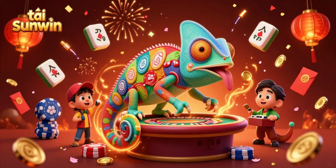 Experience the thrill of tải sunwin with an energetic casino illustration featuring a chameleon mascot.