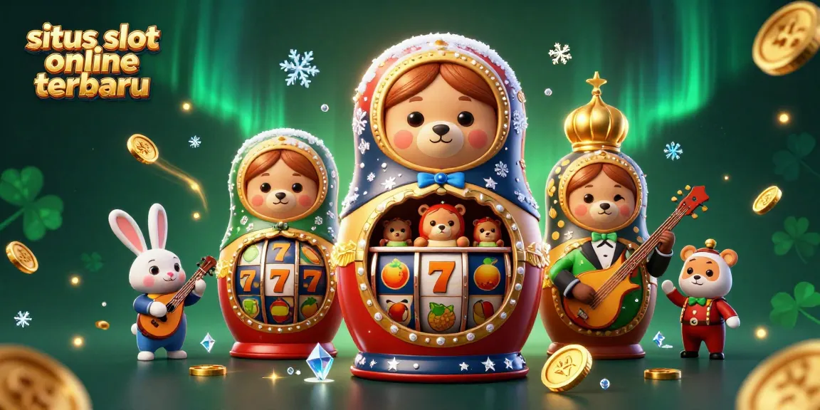Situs slot online terbaru featuring a dynamic 3D cartoon scene with Matryoshka bears and casino elements.