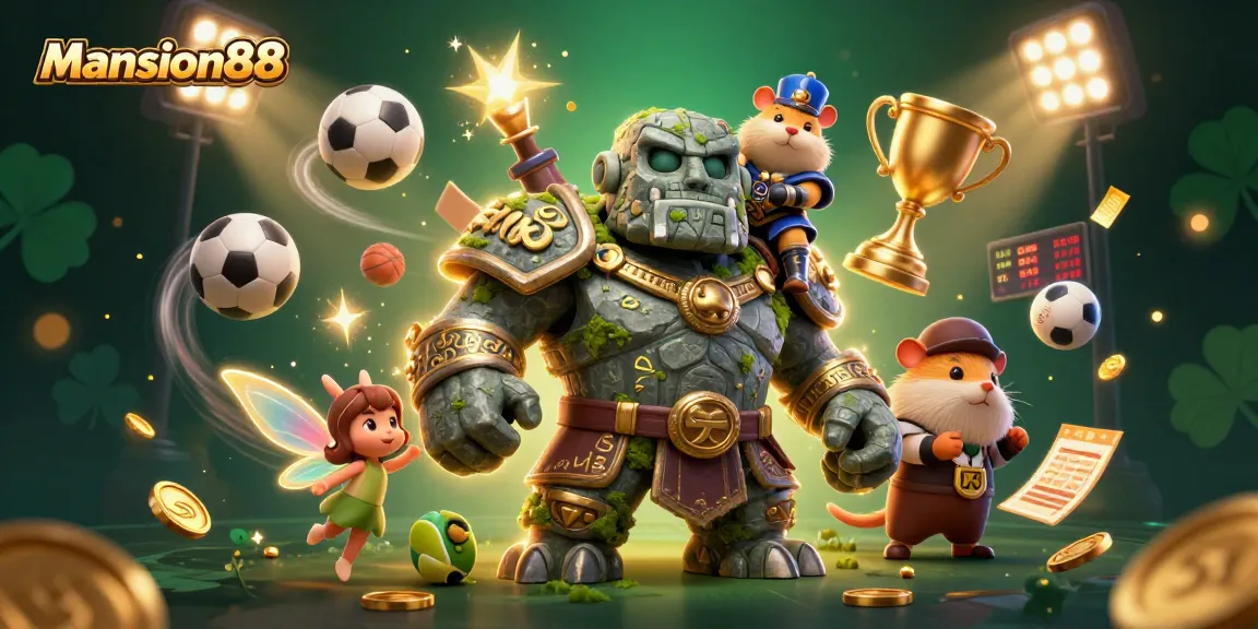 Mansion88 menghadirkan ilustrasi kasino yang menampilkan golem penjaga dan elemen taruhan olahraga yang dinamis.