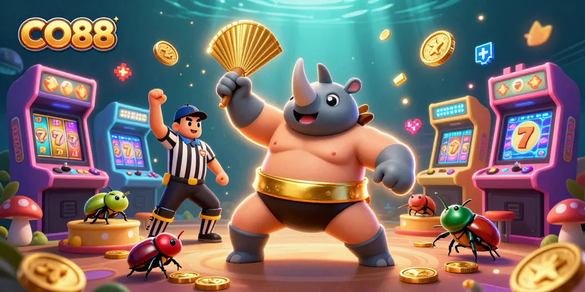 Engage with CO88 by witnessing the triumphant rhinoceros beetle sumo champion unleash golden coins in a vibrant casino scene.