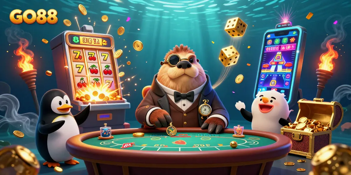 GO88 players enjoy a vibrant underwater casino experience with characters at a poker table.