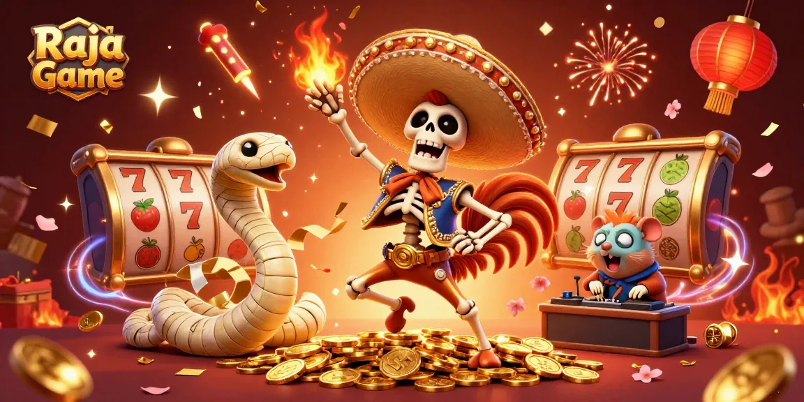 Engage with Raja Game by joining a vibrant scene of celebration with colorful slot reels and dazzling characters.