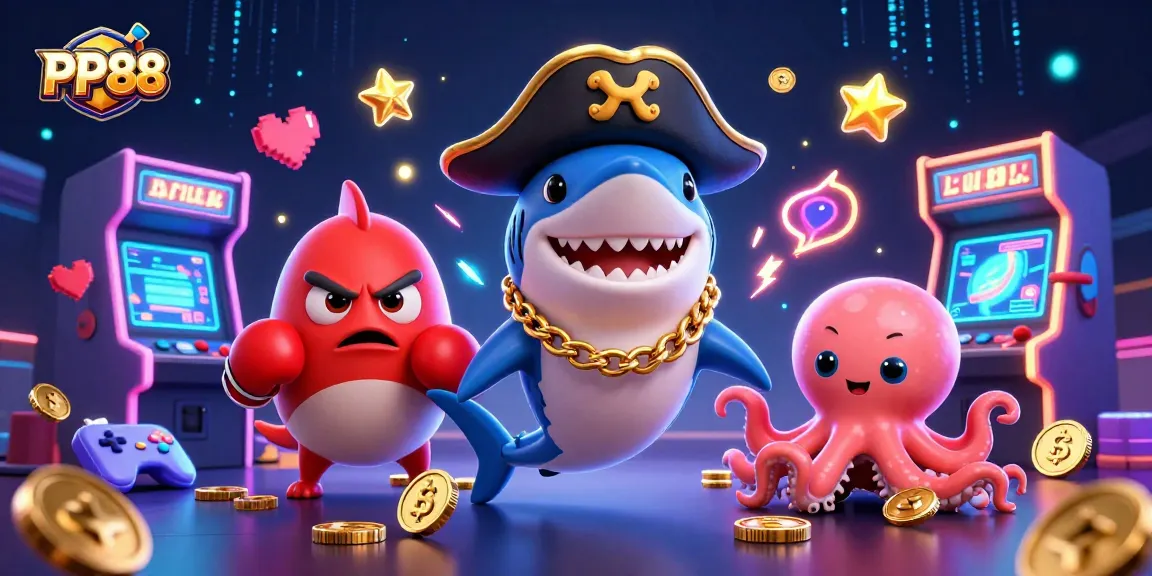 Engage with PP88's vibrant casino scene featuring a playful pirate shark, pufferfish, and octopus.