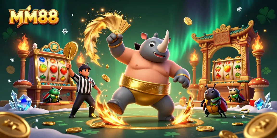 MM88 online casino illustration featuring a cartoon beetle champion stomping gold coins amidst slot elements.