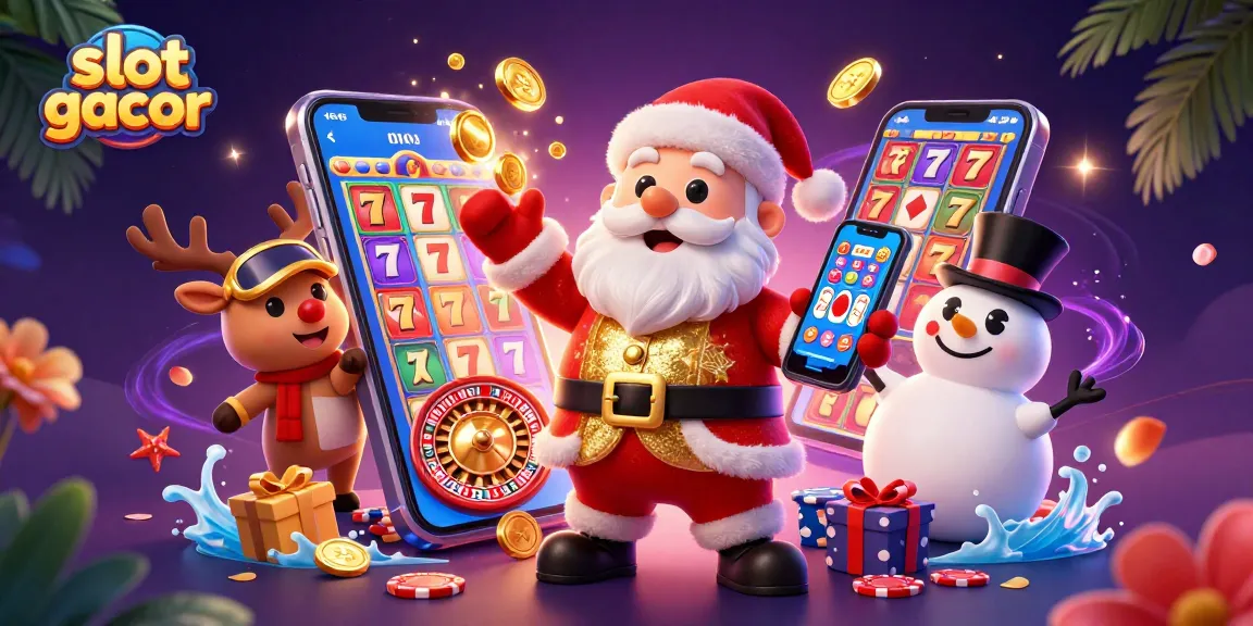 Engage with slot gacor in a vibrant 3D casino illustration featuring Santa, reindeer, and snowman.