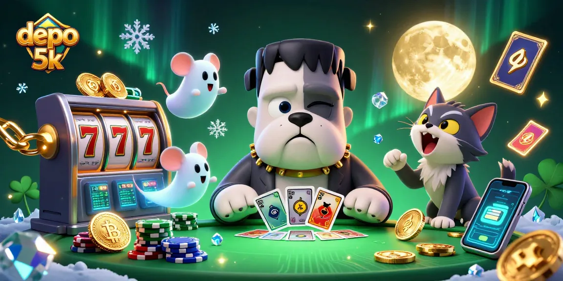Play thrilling slot games at depo 5k with a cartoon Frankenstein bulldog dealer and ghostly elements.